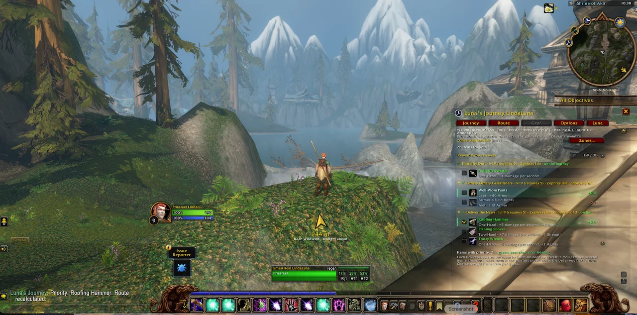In game: the Gear tab with the rewards you can wear, their gain and an item ticked as priority; the chat confirms the route was recalculated