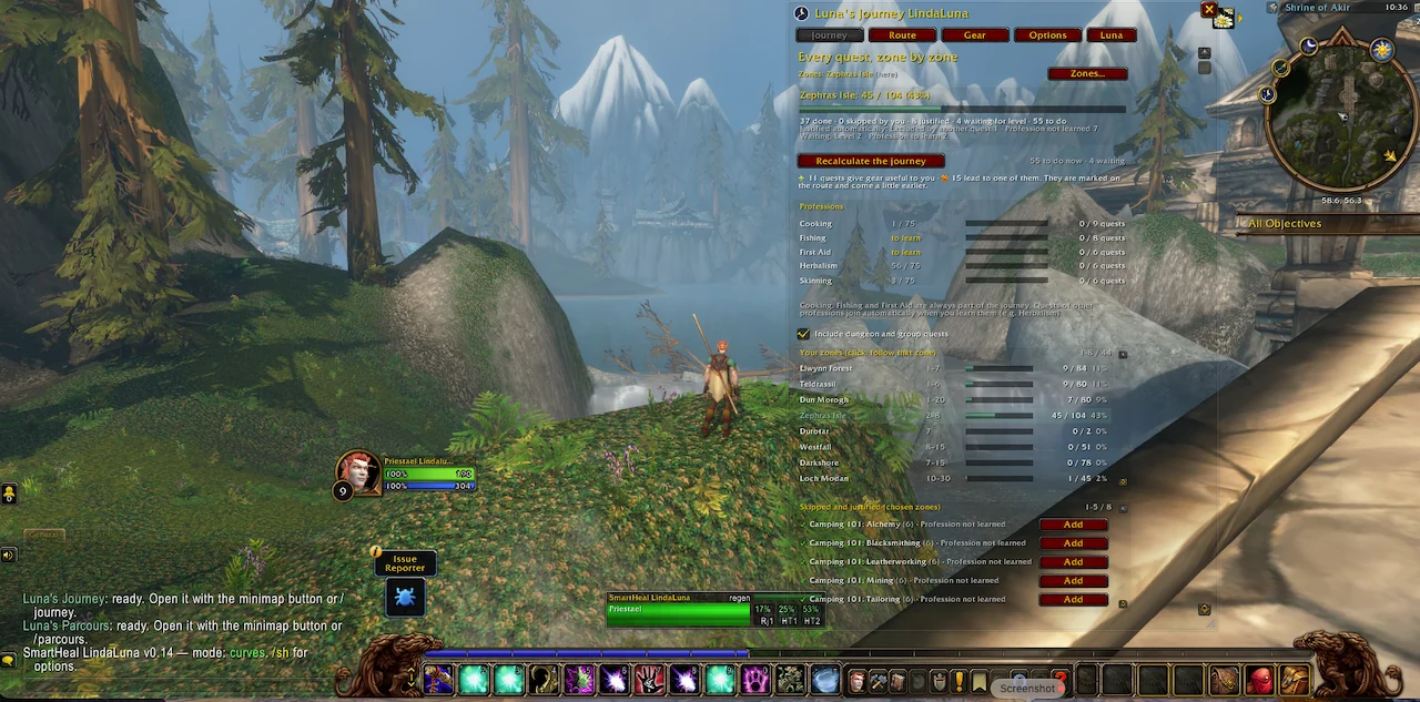 In game: the Journey tab with the completion bar of the zone, the professions, the zones with their own bars and the justified quests you can add back