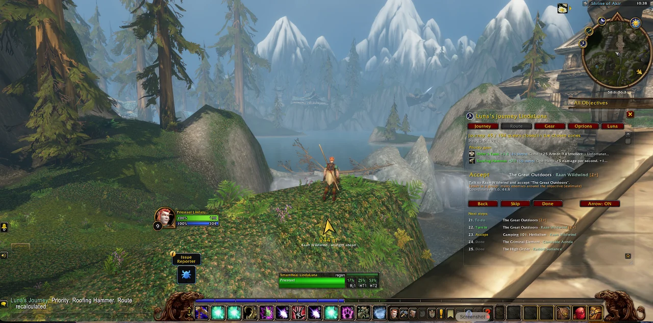 In game: the Route tab of Luna's Journey with the priority gear, the step to do now with an easier-in-a-group note, the next steps, and the arrow under the character