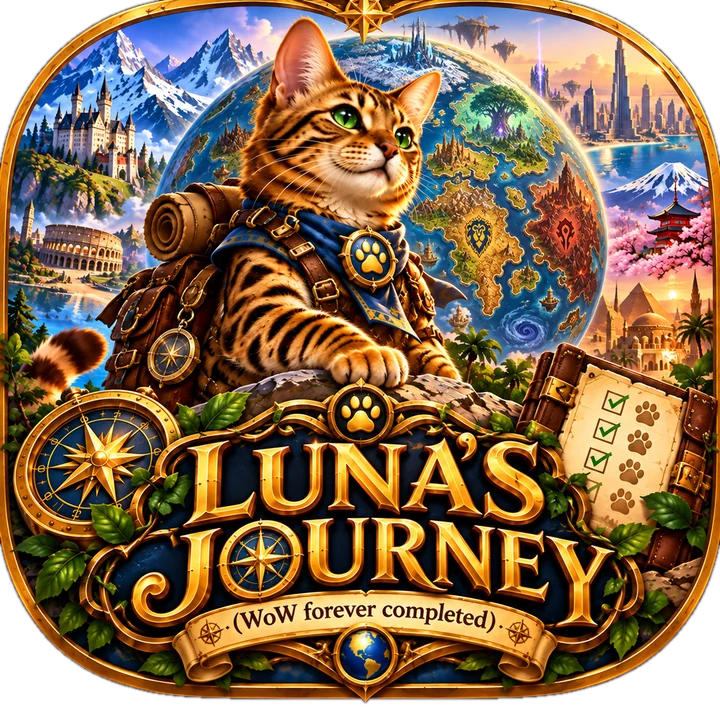 Luna's Journey logo: a Bengal cat traveller in front of a globe with a paw-print route and a checklist