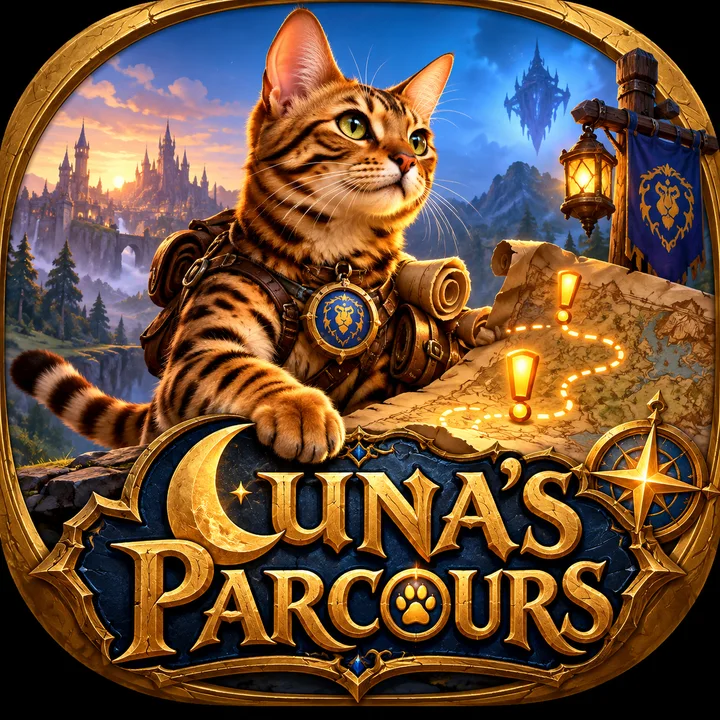 Luna's Parcours logo: a Bengal cat adventurer over a quest map with a dotted route
