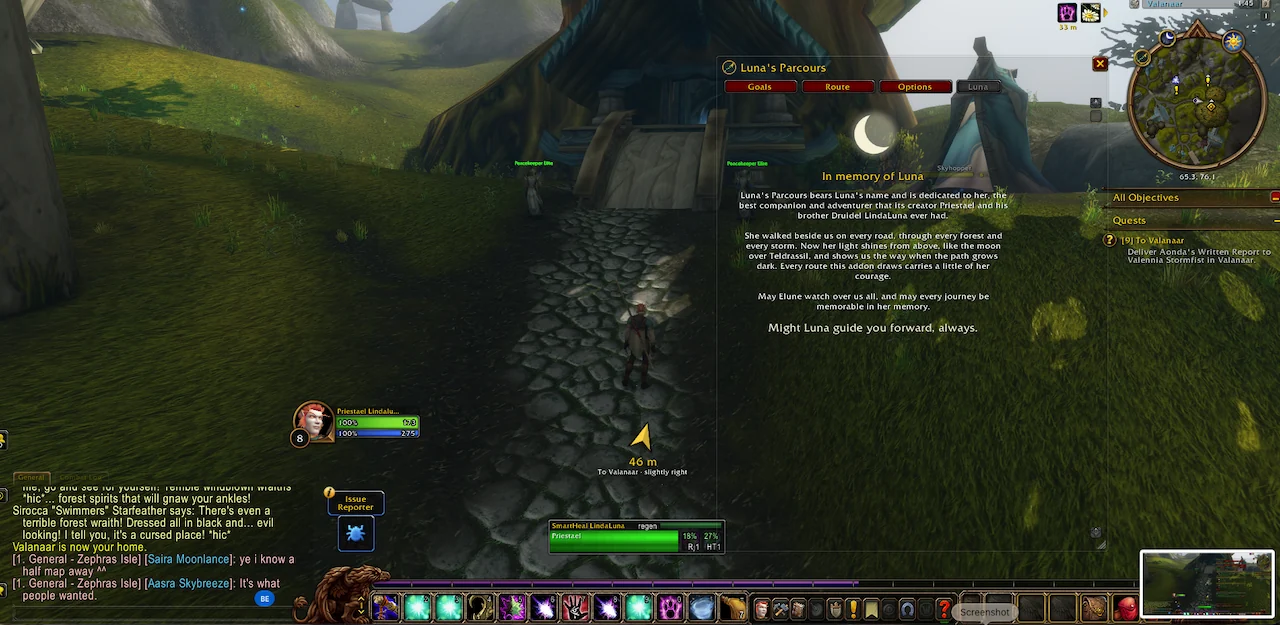 In game: the Luna tab with a crescent moon and the dedication In memory of Luna
