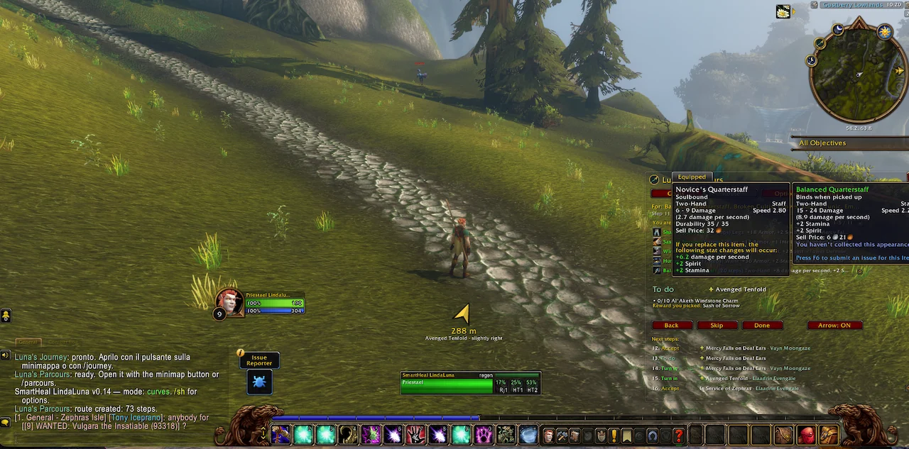 In game: hovering a goal shows the item next to what you wear now, with the stat changes