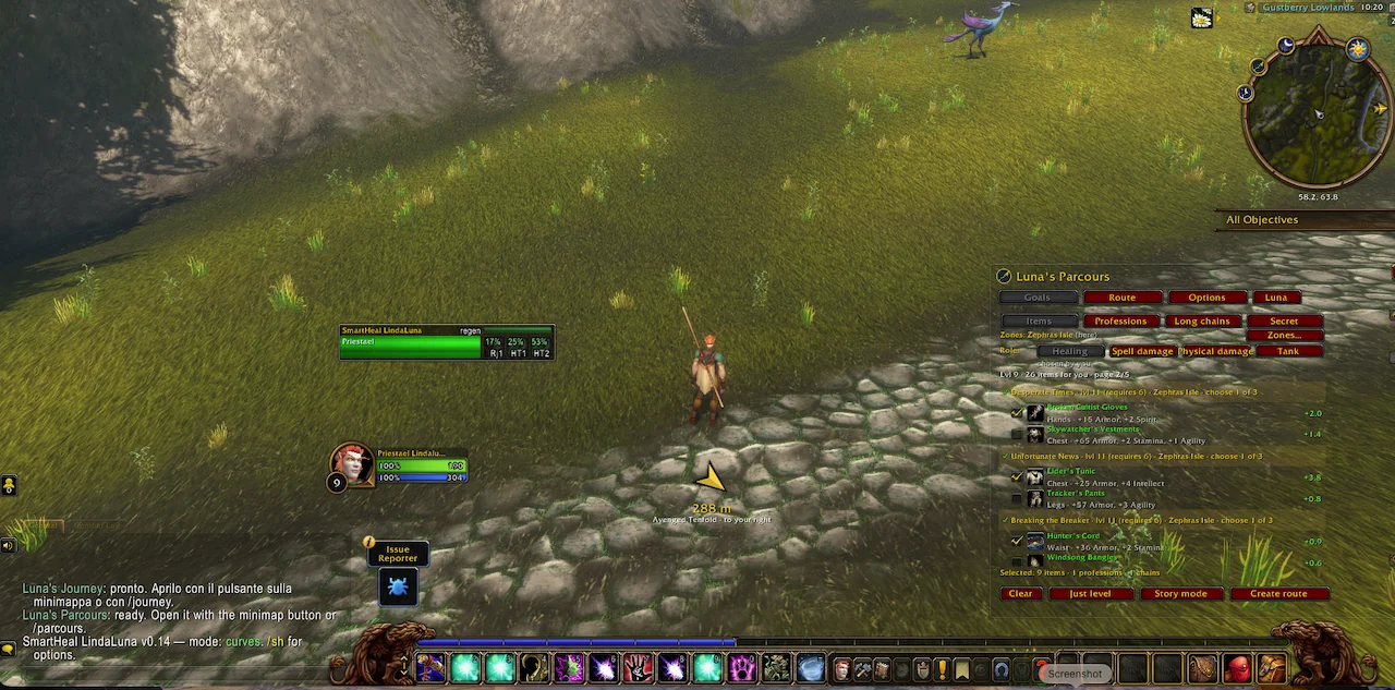In game: the Goals tab with quest rewards grouped by quest, their gain over what you wear, the role filter and the route buttons