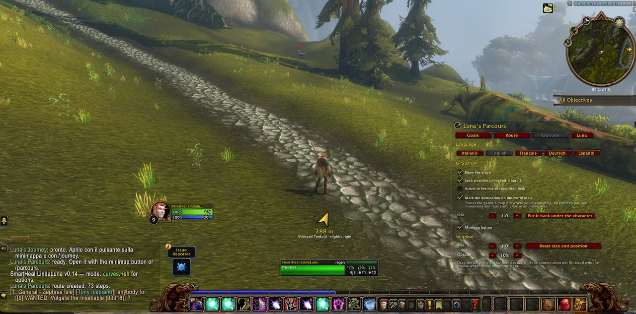In game: the Options tab with language buttons and GPS arrow settings