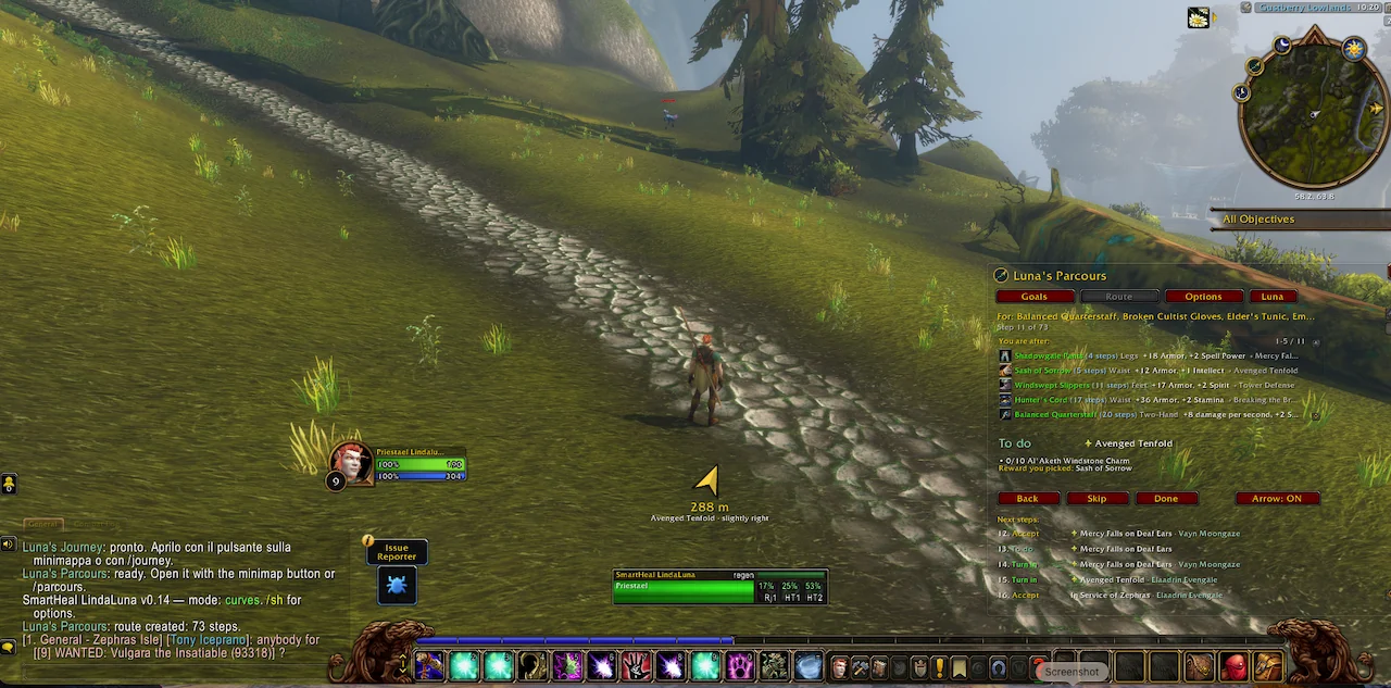 In game: the Route tab with the goals you are after and the steps left for each, the step to do now and the next steps; a golden arrow under the character reads 288 m