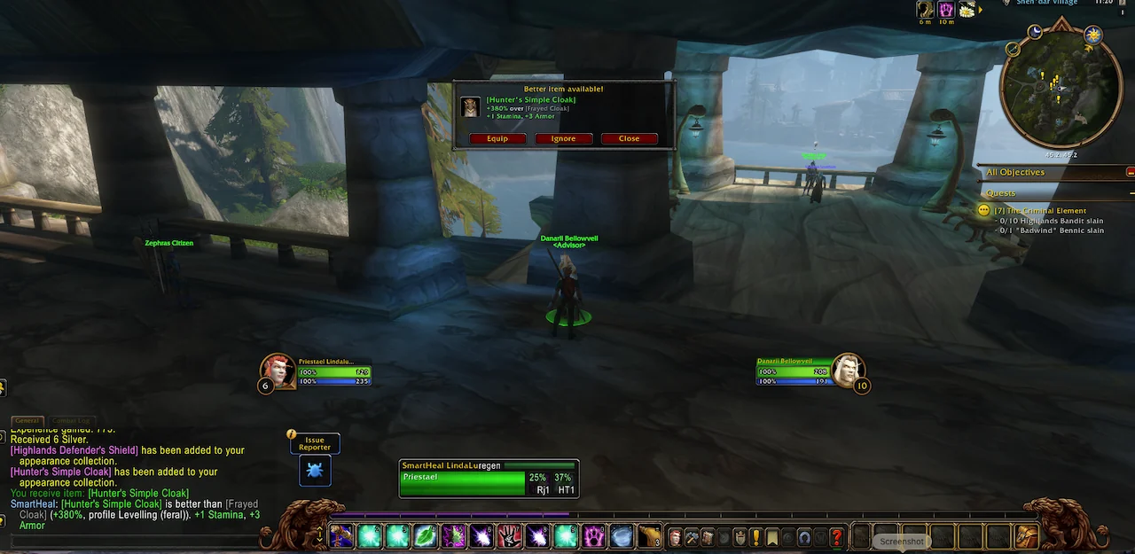 In game: the Better item available pop-up shows Hunter's Simple Cloak with +380%, +1 Stamina, +3 Armor, and Equip, Ignore and Close buttons