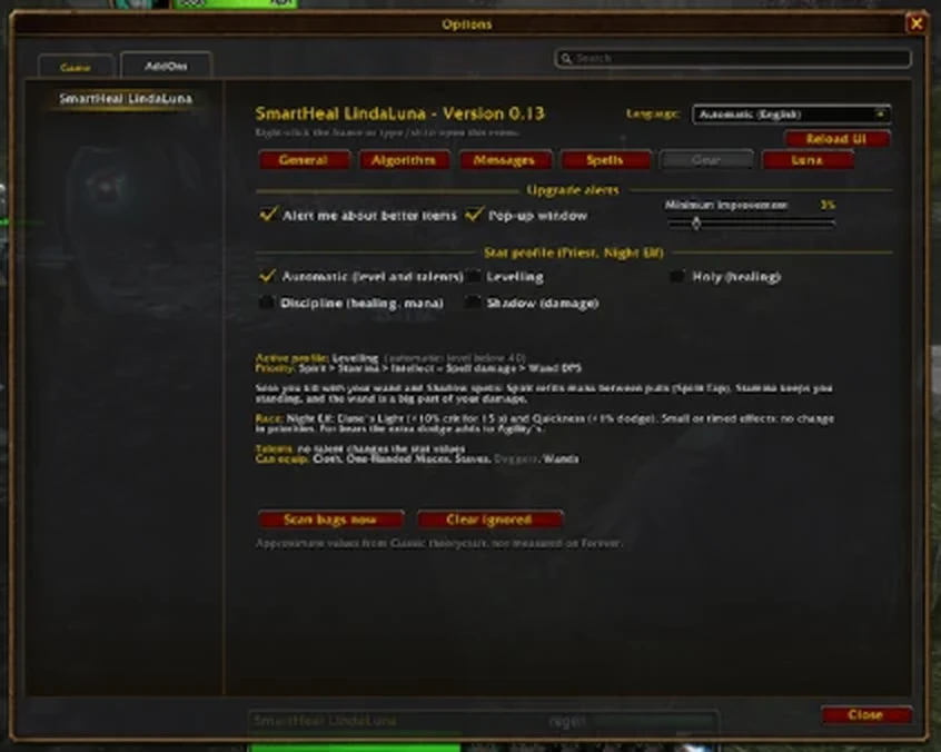 Options, Gear tab: upgrade alerts, stat profiles and the active profile's priority