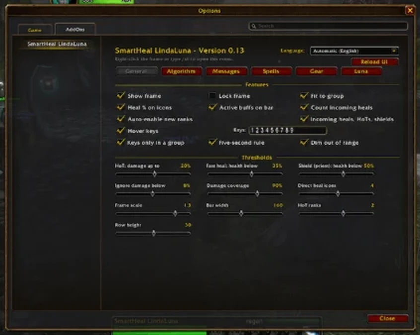 Options, General tab: feature checkboxes, hover keys and threshold sliders
