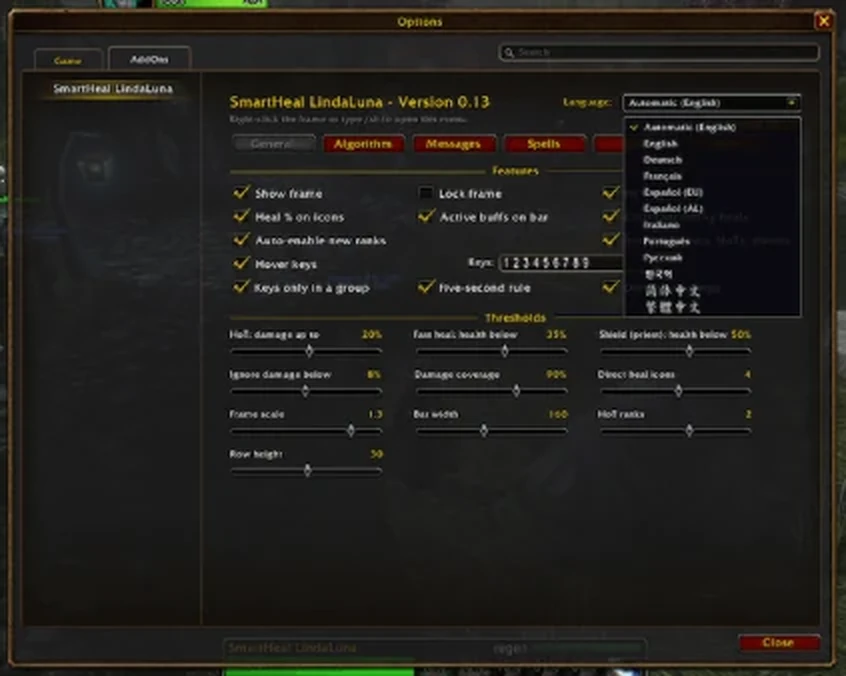 Options with the language menu open, listing eleven languages
