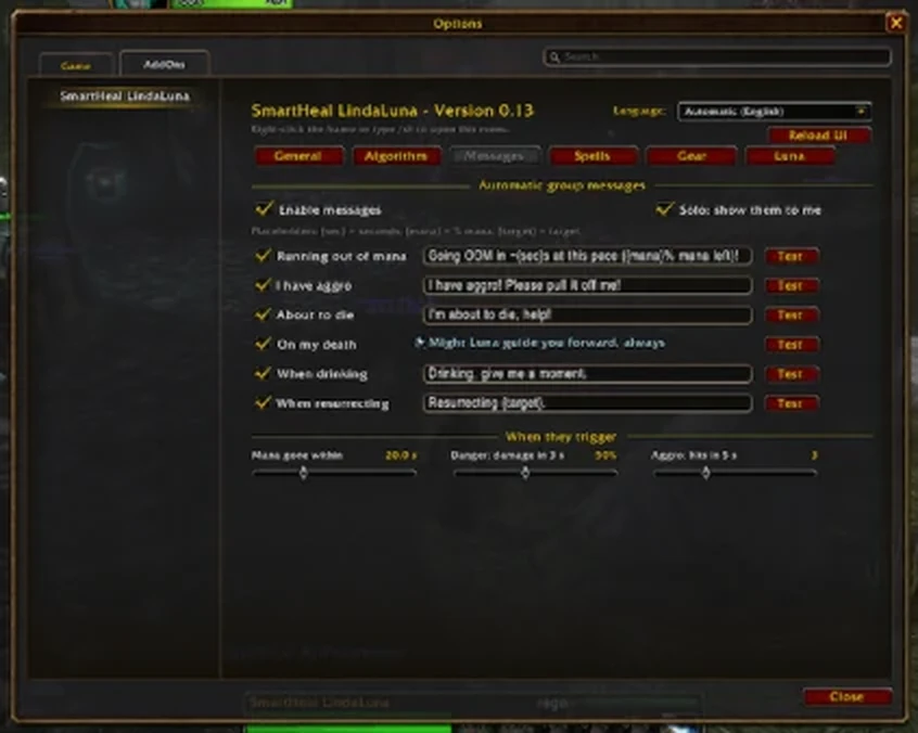 Options, Messages tab: automatic party messages with edit fields and Test buttons