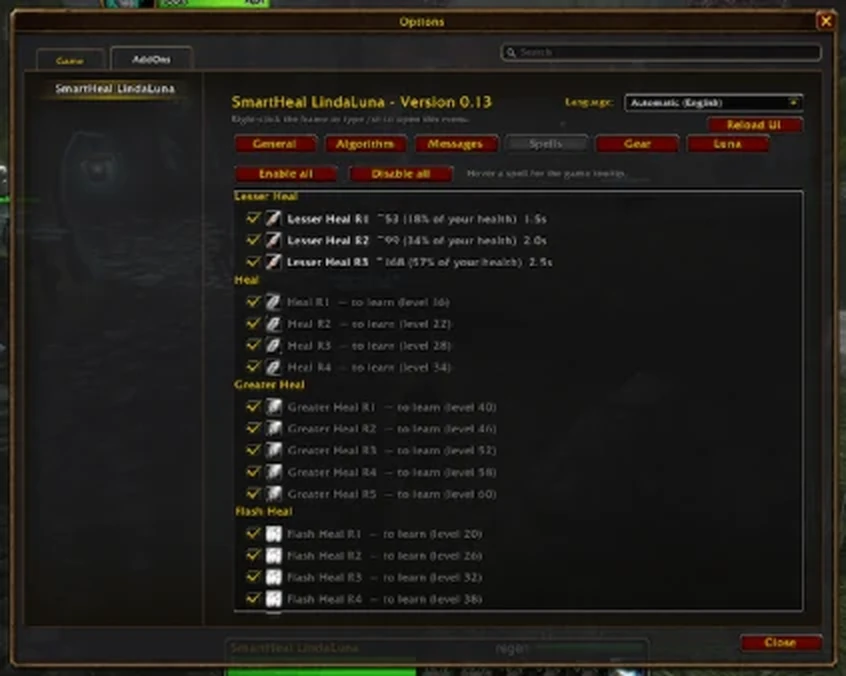 Options, Spells tab: Lesser Heal ranks with values and cast times, higher ranks marked to learn