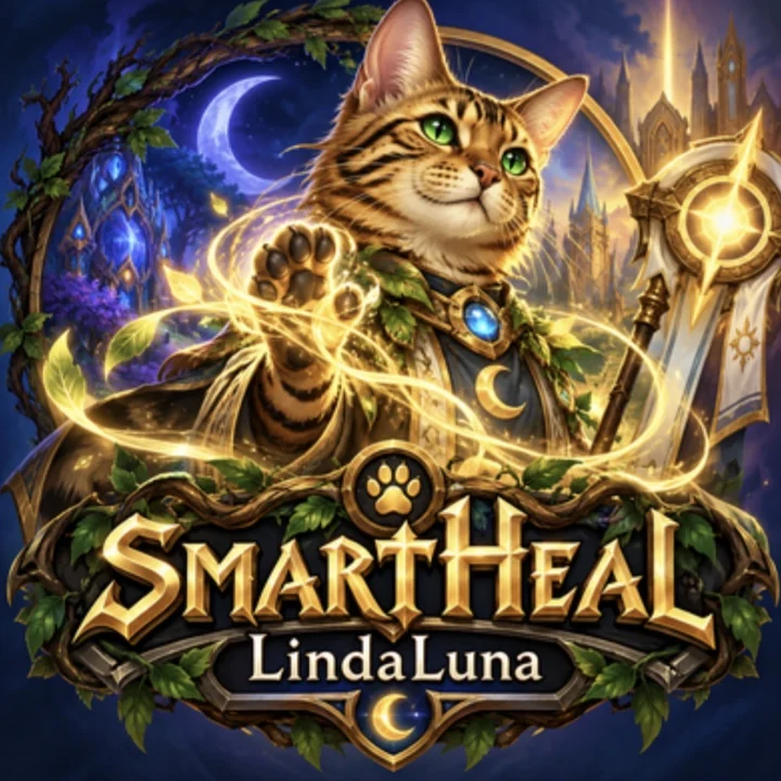SmartHeal LindaLuna logo: a Bengal cat in healer robes casting golden light