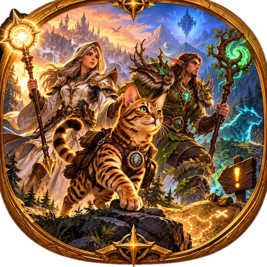 A Priest and a Night Elf Druid walking behind Luna, a Bengal cat adventurer, with a quest map at their feet